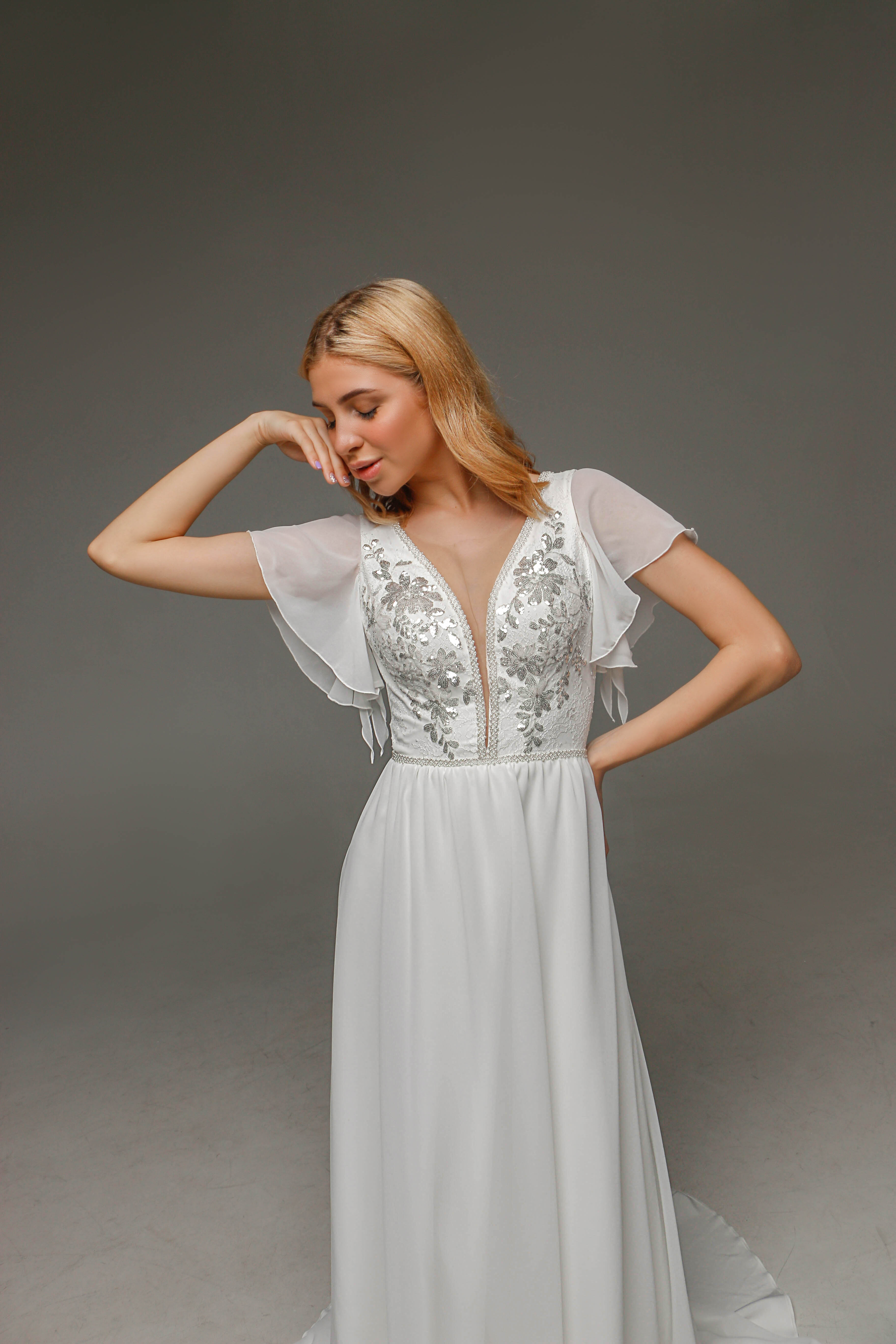 V0112,Chifon and Lace Wedding Dress, Boho Wedding Dress